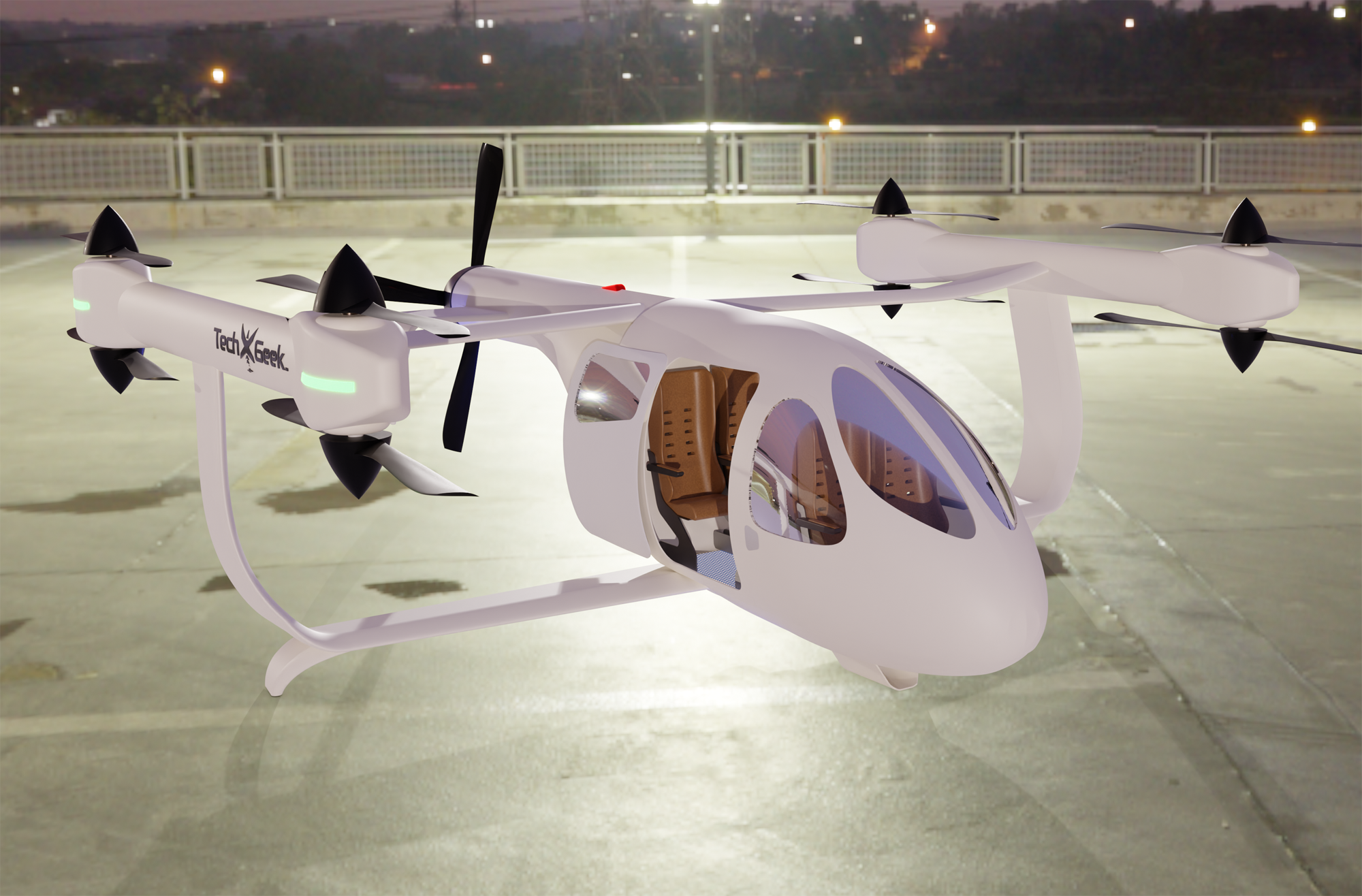 Maria eVTOL passenger aircraft parked, interior view Maria eVTOL passenger aircraft parked, interior view